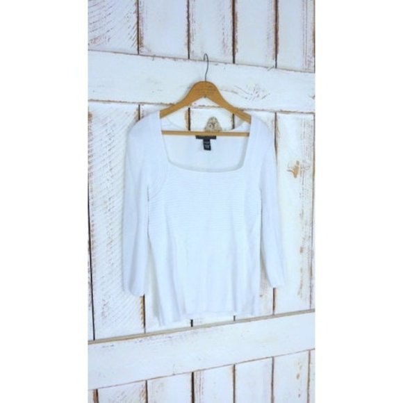 90s white fitted stretch ribbed pullover 3 quarter length sleeve top - Picture 3 of 5